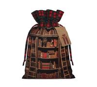 Library Bookshelf Print Christmas Drawstring Eco-Friendly Gift Bags For Festive Birthday Wrapping Needs