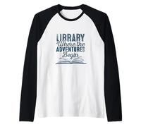 Library Where Adventures Begin Frase Literaria Vintage Camiseta Manga Raglan