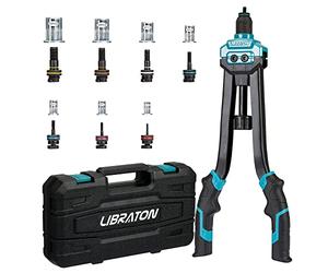 Libraton Remachadora de Tuercas, Remachadora de 16" Kit, Pistola Remachadora Profesional Manual con 7 Mandriles Intercambiables y 70 Tuercas, con Caja