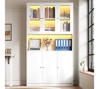 Librería 100 × 35 × 200 cm con puertas de cristal e iluminación LED - Estantería de pie con vitrina, compartimento abierto y 3 puertas, archivador para carpetas y libros, color blanco