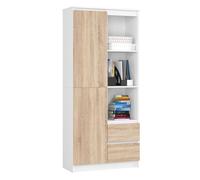 Librería akord r11 blanco 80 cm 1 puerta 2 cajones frente en color roble sonoma 7 estantes 80x35x180 cm
