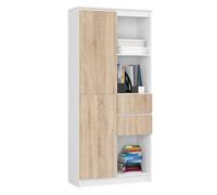 Librería akord r15 blanco 80 cm 1 puerta 2 cajones frente en color roble sonoma 7 estantes 80x35x180 cm