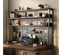 Libreria da Scrivania a Scala a 2 Ripiani, Mensola da Scrivania in Metallo Multifunzione con Pannello Forato, Scaffale di Estensione Regolabile, Organizzatore da Ufficio(Black/Brown,L140*62cm/55*24in)