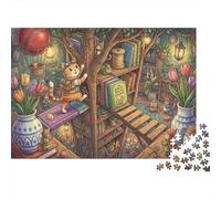 Librería en la Casa del Árbol Puzzle De Madera 500 Piezas Adultos Y Niños,Deco Pared,Regalo Ideal,Rompecabezas Cat,Madera,14 Años+,Anti-estrés,Relax,Desafío,Reto,Educativo (52x38cm)