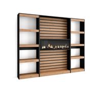 Librería estantería, estanteria libros de pared, 230x25x186cm, salón, comedor, oficina, chimenea eléctrica, estilo moderno, roble y negro