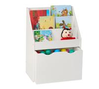 Relaxdays Librería Infantil con Juguetero, Estantería Niños, 69,5 x 50,5 x 28 cm, 3 Estantes, Cajón con Ruedas, Blanco