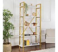 Libreria Martone, Scaffale da ufficio, Mobile portalibri, Biblioteca, 90x34 h180 cm, Bianco e Oro