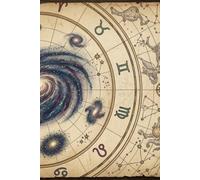Libreta con estampado de mapa astral de estilo pergamino antiguo que muestra galaxias espirales, constelaciones e iconos.