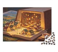 Libro Abierto Biblioteca en Miniatura Puzzle de 1000 Piezas Papel Puzzle para Adultos Escena de Pueblo Nocturno Relajante Decoración Hogar Regalo Familiar 38x26cm/1000pcs
