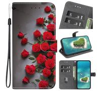 Libro Case para OPPO A6T Funda Carcasa con Tapa de Cuero Piel Wallet Case Flip Cover, Hebilla Magnetica, Ranuras para Tarjetas，Flores de Rosa de Color Rojo Brillante