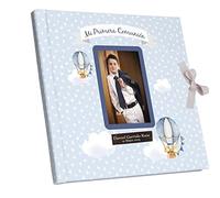 Libro de Comunión para Firmas Personalizado con Nombre y Fecha - Libro de Firmas y Fotos con Placa Grabada (Azul)