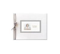 Libro de Firmas Comunión Niño - Álbum de Recuerdos con Portada Acolchada en Guaflex Blanco Elegante, Lazo Plateado, Papel 160 g, 64 Páginas, 27,5 x 23 cm - Presentación en Caja Transparente