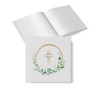 Libro de firmas con cruz dorada y corona de eucalipto: libro de visitas blanco para comunión, bautizo, confirmación y boda, 48 páginas en blanco, recuerdo con tapa dura, 15 x 15 cm