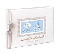 Libro de firmas para bautizo, personalizado grabado con nombre del niño y fecha. Modelo Patucos (Azul)