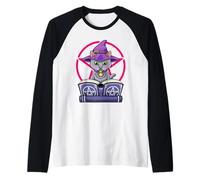 Libro de hechizos de gato bruja ocultismo pentagrama mágico familiar Camiseta Manga Raglan