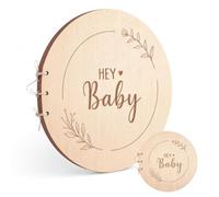 Libro de invitados de madera para baby shower, 40 páginas en blanco, grabado Hey Baby Neutral Baby Shower, decoraciones rústicas para baby shower, fiesta de revelación de género y inscripción de