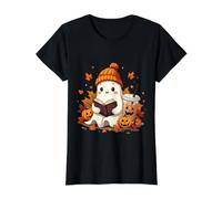 Libro de Lectura Fantasma con Hojas de otoño para Amantes del café de Halloween Camiseta gráfica económica, Mujer, Negro, L