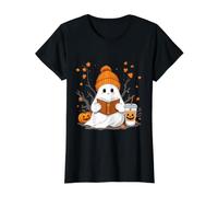Libro de Lectura Fantasma con Hojas de otoño para Amantes del café de Halloween Camiseta gráfica económica, Mujer, Negro, S