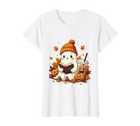 Libro de Lectura Fantasma con Hojas de otoño para Amantes del café de Halloween Camiseta gráfica económica, Mujer, Blanco, L
