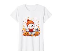 Libro de Lectura Fantasma con Hojas de otoño para Amantes del café de Halloween Camiseta gráfica económica, Mujer, Blanco, L