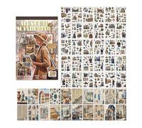 Libro de Pegatinas Scrapbooking - 400 Stickers Pre-Cortados + 20 Hojas de Papel para Scrapbooking, Temática Vintage Museo para Journaling, Bullet Journal y Álbumes, Estético para Proyectos Creativos