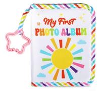 Libro de recuerdos con temática de sol arcoíris para bebés con capacidad para 17 fotos de 4 x 6 pulgadas, incluye gancho para colgar y espejo para apoyar el desarrollo de seguimiento visual