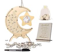 Libro de Visitas con Foto,Luna Libro de Firmas con 60 Recortes de Estrellas,Marco de Boda Alternativo con Caja de Madera,Libro de Firmas Bodas para Bautizos Cumpleaños Baby Shower Fiesta (Madera)
