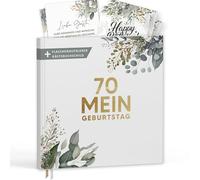 Libro de visitas Mi 70 cumpleaños con etiquetas de vino, libro de recuerdos con aspecto de eucalipto, regalo para familia y amigos para rellenar sin preguntas, tapa dura en blanco, 72 páginas (70 mi