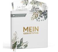 Libro de visitas Mi cumpleaños con etiquetas de vino, libro de recuerdos con aspecto de eucalipto, regalo para familia y amigos para rellenar sin preguntas, tapa dura en blanco, 72 páginas (mi