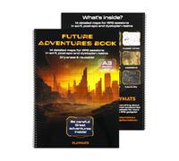 Libro Future Adventures: libro borrable en blanco y negro de ciencia ficción/postapocalíptico en formato A3 para juegos de rol, con cuadrícula cuadrada.