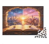 Libro Magico Abierto Paisaje Urbano Puzzle de 1000 Piezas Papel para Adultos Escena Día y Noche Puzzle para Toda la Familia Decoración Regalo 38x26cm/1000pcs