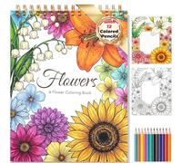 Libro para colorear de flores para adultos, 41 patrones únicos de una sola cara y 9 páginas en blanco con 12 lápices de colores, papel grueso de 130 g/m², alivio del estrés y regalo de atención plena