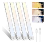 libtit Luz LED bajo mueble cocina 30cm, dimmable con sensor movimiento, modos color 3000K-4000K-6500K, tira recargable USB para gabinete, escalera, pasillo - 4 unidades