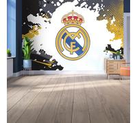 Licensed Décor Real Madrid - Mural de vinilo para pared, tamaño mediano (185 cm de alto x 100 cm de ancho), escudo completo sobre salpicaduras de color, negro, gris y amarillo