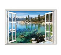 Lichi Adhesivo 3D para pared de ventana falsa con vista al lago, paisaje pacífico de montaña, calcomanía mural para decoración del hogar