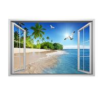 Lichi Adhesivo 3D para pared de ventana falsa de paisaje de playa, calcomanía mural para decoración del hogar