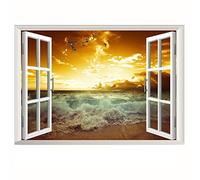 Lichi Adhesivo de pared 3D de ventana falsa con vista al atardecer marino, adhesivo mural de paisaje para decoración del hogar