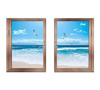 Lichi Adhesivo de pared 3D, doble ventana artística con vista al mar y vista a la playa