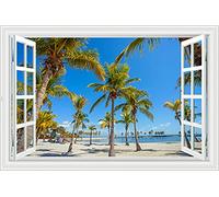 Lichi Adhesivo de pared mural 3D de ventana falsa de la playa de la isla de Bali con vista a la escena de la palmera de coco