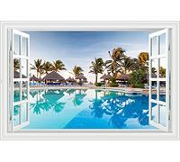 Lichi Adhesivo mural 3D para ventana falsa de playa, paisaje con vista de árbol de coco con piscina junto al mar