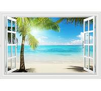 Lichi - Adhesivo mural de pared 3D de ventana falsa con paisaje de playa, cocoteros, escena de sol