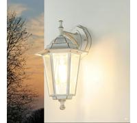 Licht-Erlebnisse Aplique exterior de cristal y aluminio blanco dorado IP44 Terraza Jardín H: 36 cm E27 hasta 60 W Lámpara exterior rústica nostálgica PARIS