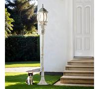 Licht-Erlebnisse Lámpara de camino con sensor de movimiento Aluminio Vidrio Blanco-dorado IP44 Jardín 123,5 cm de altura E27 Farol Lámpara de pie rústica para exteriores BREST