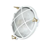 Licht-Erlebnisse Lámpara de pared exterior de latón y cristal en blanco IP64 para patio y jardín, 21 cm de ancho, E27, máximo 18 W, estilo marítimo con rejilla, SERIFOS