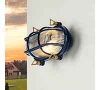 Licht-Erlebnisse Lámpara de pared exterior de latón y vidrio, azul, IP64, para terraza y balcón, 21 cm de ancho, E27 hasta 18 W, estilo marítimo rústico, SKIATHOS