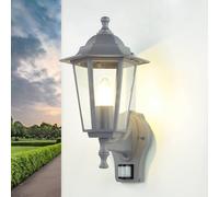 Licht-Erlebnisse Lámpara de pared para exteriores con sensor de movimiento, cristal y aluminio, blanco y dorado, IP44, casa B: 17 cm, E27, sensor, farol, lámpara nostálgica para exteriores, PARÍS