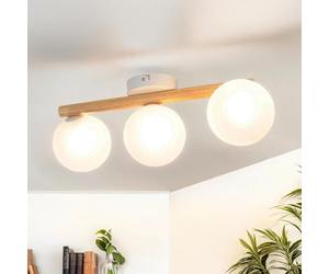 Licht-Erlebnisse Plafón cristal madera metal 47 cm largo G9 en blanco claro 3 luces lámpara de techo moderna pantalla esférica salón cocina iluminación pasillo