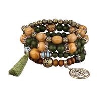 LICHUANUK Conjunto bohemio de 4 pulseras de cuentas de madera para mujer, patrón de árbol de la vida, cuentas de cristal, pulsera de cadena de mano hecha a mano, Verde