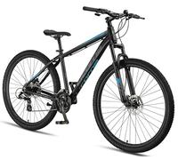 Licorne Bike Diamond Plus - Bicicleta de montaña Shimano de 24 velocidades, frenos de disco hidráulicos, horquilla con suspensión ajustable, cierre rápido para rueda delantera y trasera (Negro/Azul