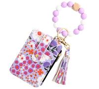 Licsaliwe Cartera de Pulsera con Cuentas, Pulsera de Silicona Estilo Boho con Llavero de Borla, Tarjetero Plegado Floral en Morado Claro